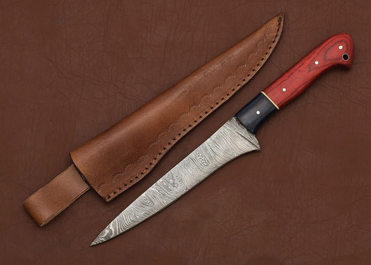 Hand Forged Damascus Steel Kitchen & Hunting Knife 8" Blade Pakka Wood Handle