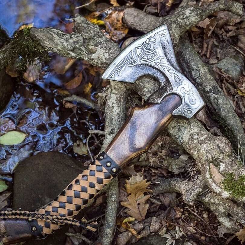 Hand Forged Damascus Steel Odin’s Viking Axe Bearded Camping Hatchet Battle Ready with Leather Sheath