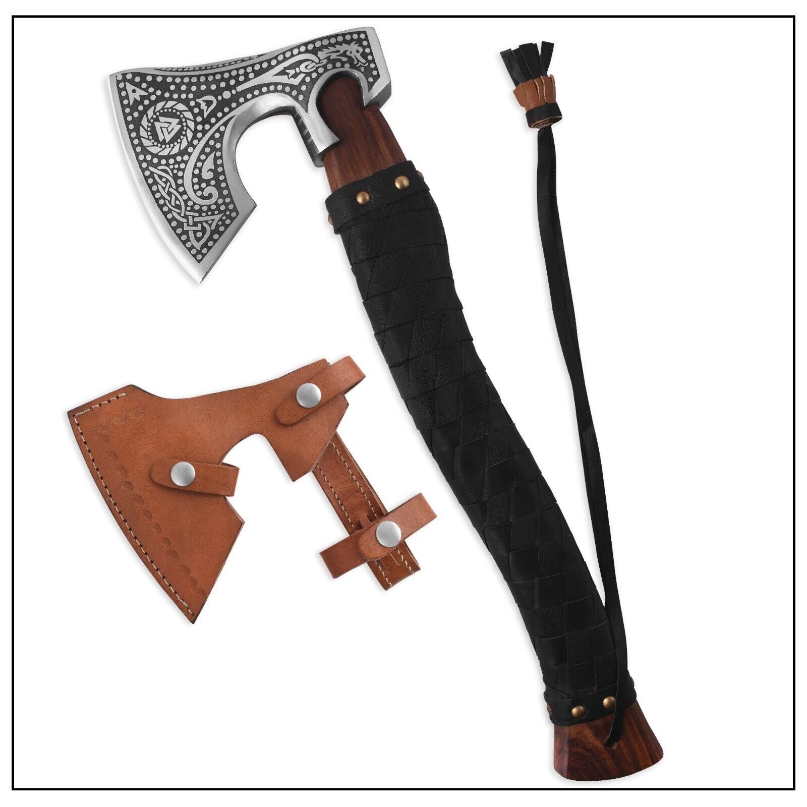 Hand Forged Damascus Steel Viking Bearded Axe Battle Ready Camping Hatchet with Leather Sheath