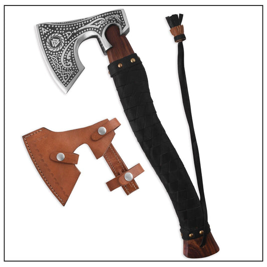 Hand Forged Damascus Steel Viking Bearded Axe Battle Ready Camping Hatchet with Leather Sheath