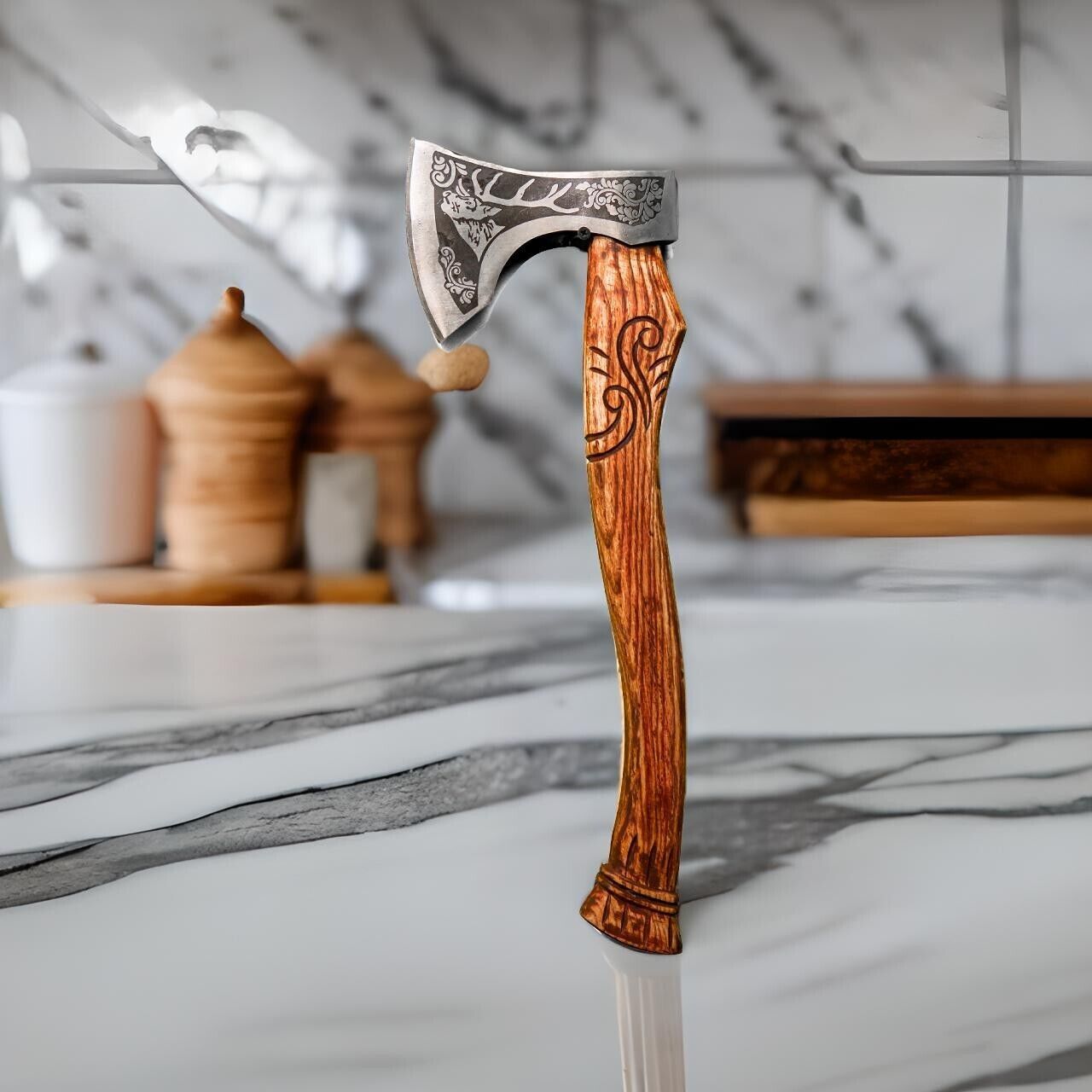 Hand Forged Etched Carbon Steel Viking Outdoor Axe with Stunning Ashwood Handle and Leather Sheath