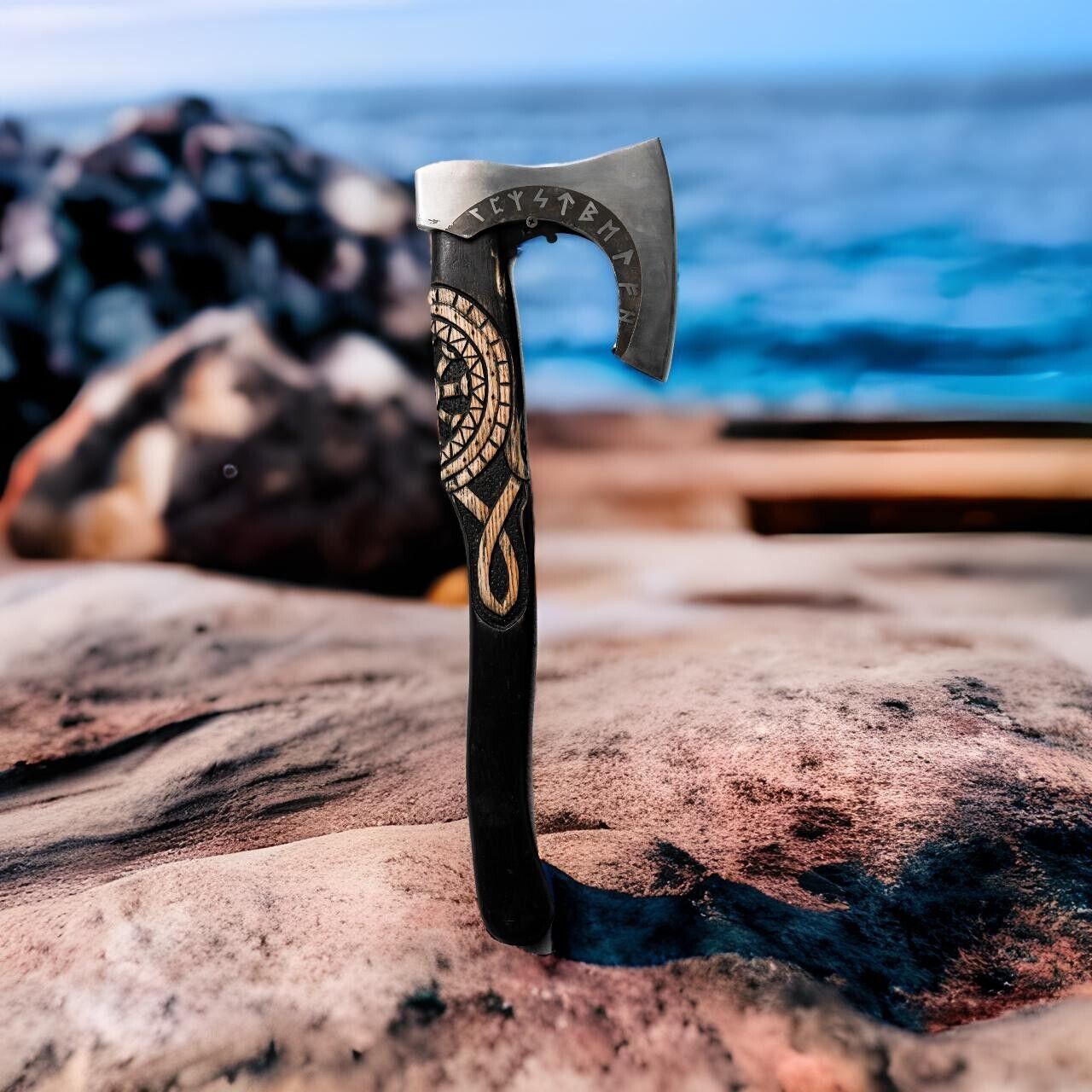 Hand Forged Etched Carbon Steel Viking Throwing Axe 19 Inch with Black Ashwood Handle and Leather Sheath