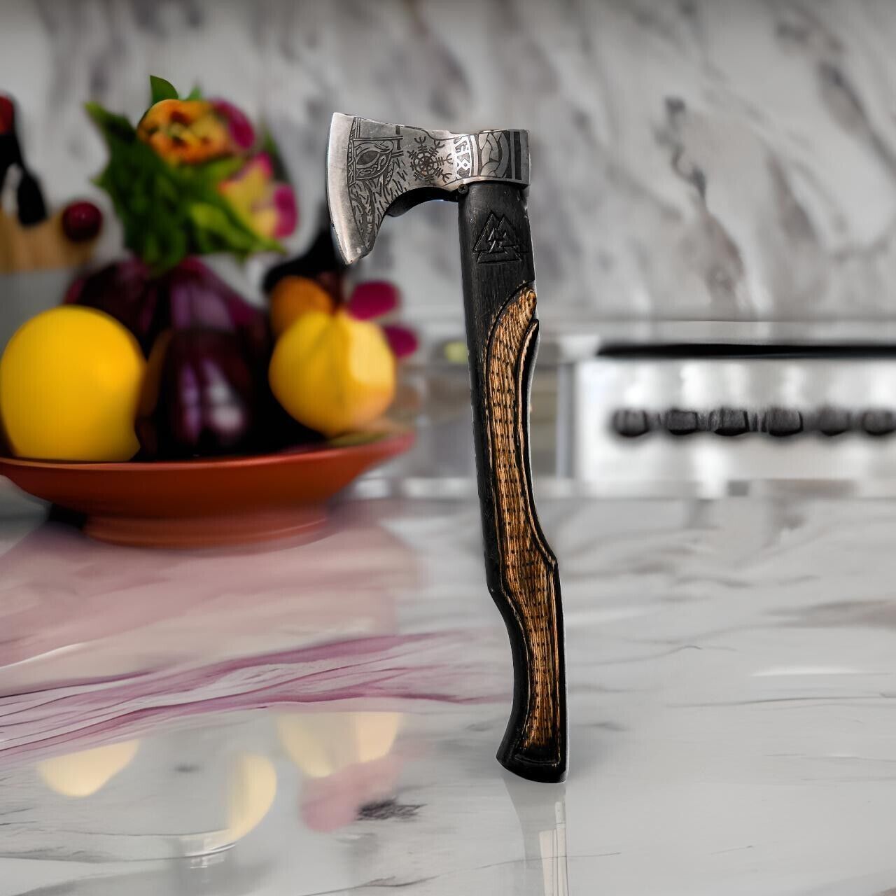 Hand Forged Etched Carbon Steel Viking Tribal Axe 19 Inch with Black Ashwood Handle and Leather Sheath