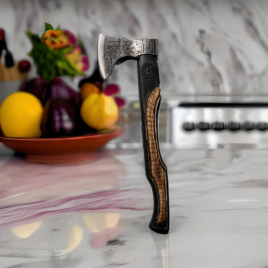 Hand Forged Etched Carbon Steel Viking Tribal Axe 19 Inch with Black Ashwood Handle and Leather Sheath