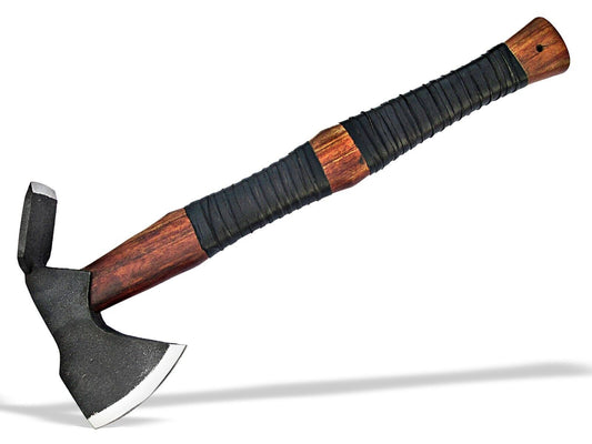 Hand Forged High Carbon Steel Viking Axe 18 Inch Shovel Head Hatchet with Rosewood Handle and Leather Sheath