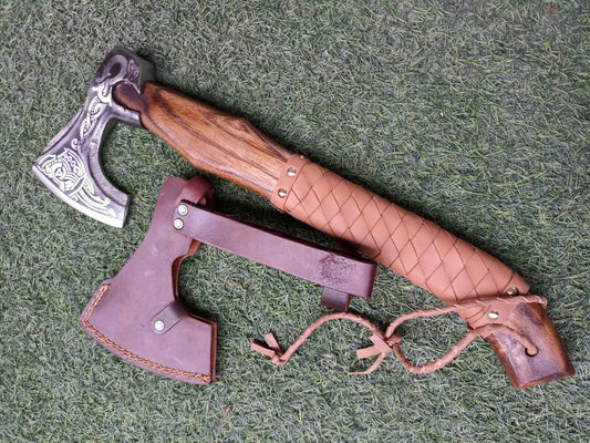 Hand Forged High Carbon Steel Viking Battle Axe with Ash Wood and Leather Handle