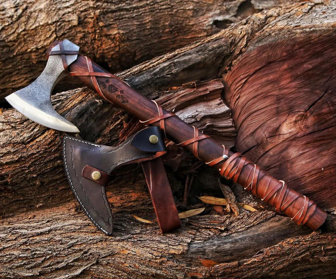 Hand Forged High Carbon Steel Viking Tomahawk with Wooden Handle and Leather Sheath