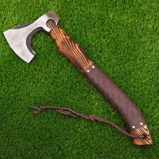 Hand Forged Norse Celtic Viking Axe Bearded Battle Ready VALHALLA Hatchet with Leather Sheath
