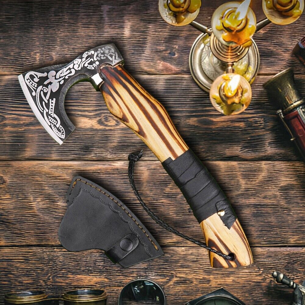 Hand Forged Ragnar Lothbrok Valhalla Viking Axe Carbon Steel Bearded Battle Hatchet with Leather Sheath