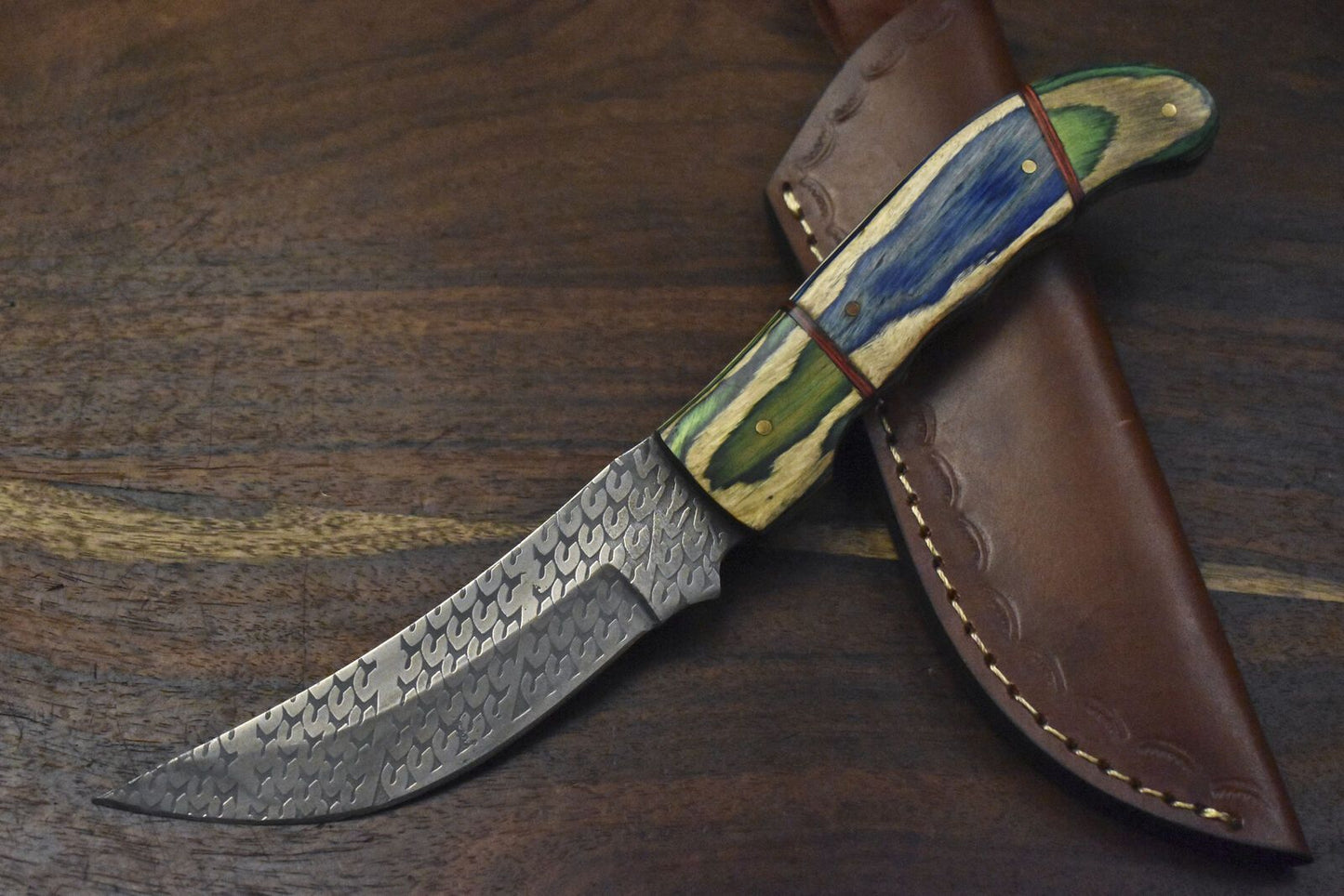 Hand Forged Skinner Knife – AUS-8 Steel, Hard Wood Handle with Wooden Bolster, 10" Hiking Knife