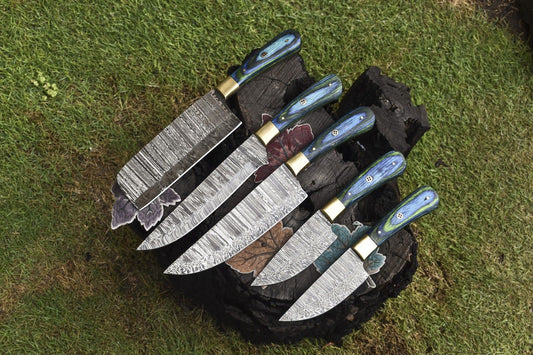 Hand Forged Twist Damascus Chef Knife Set of 5 – Hardwood Handle, Hunting & Kitchen Use