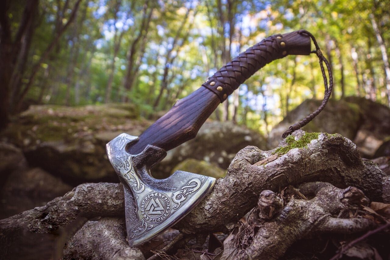 Hand Forged Valhalla Viking Axe Bearded Carbon Steel Battle Ready Axe with Leather Sheath