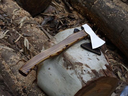 Hand Forged Viking Axe 16 Inch Carbon Steel Tomahawk with Yellow Pine Ash Wood Handle and Leather Sheath