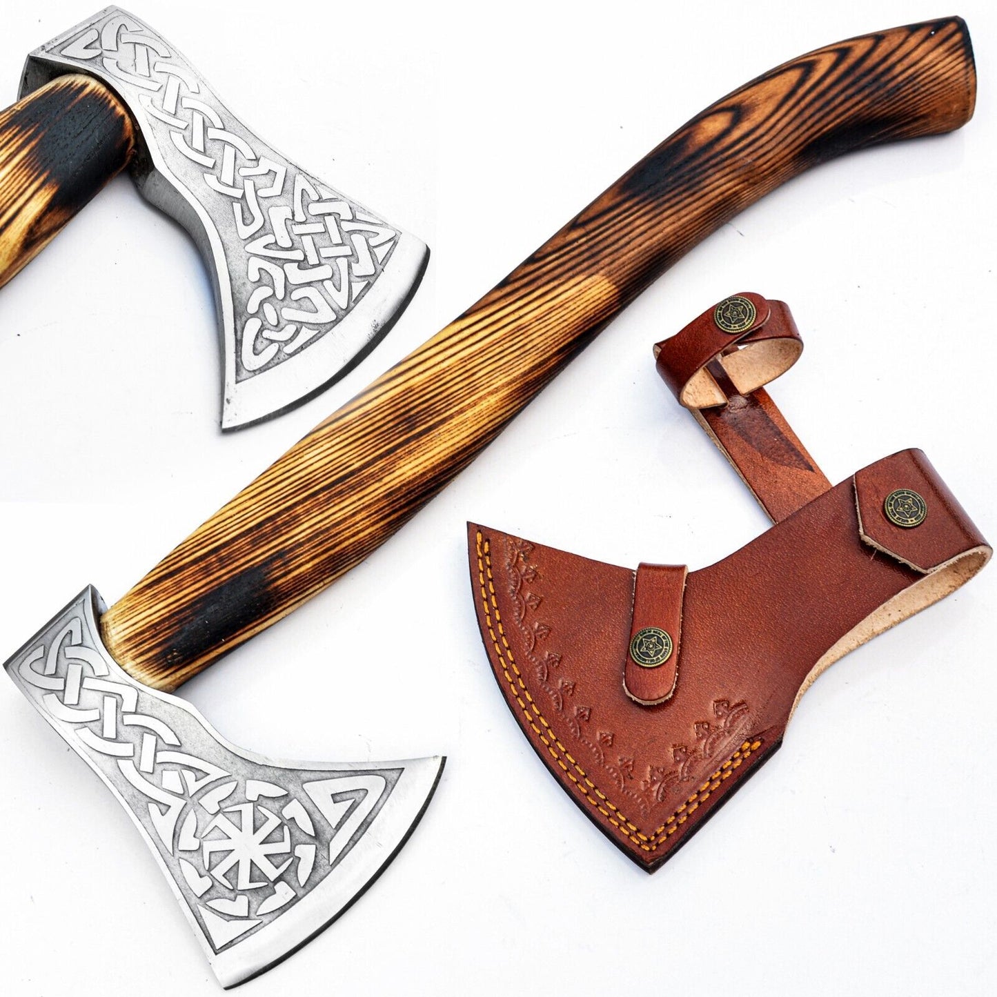 Hand Forged Viking Axe 19 Inch Carbon Steel Battle Ready Throwing Hatchet with Ash Wood Handle and Leather Sheath