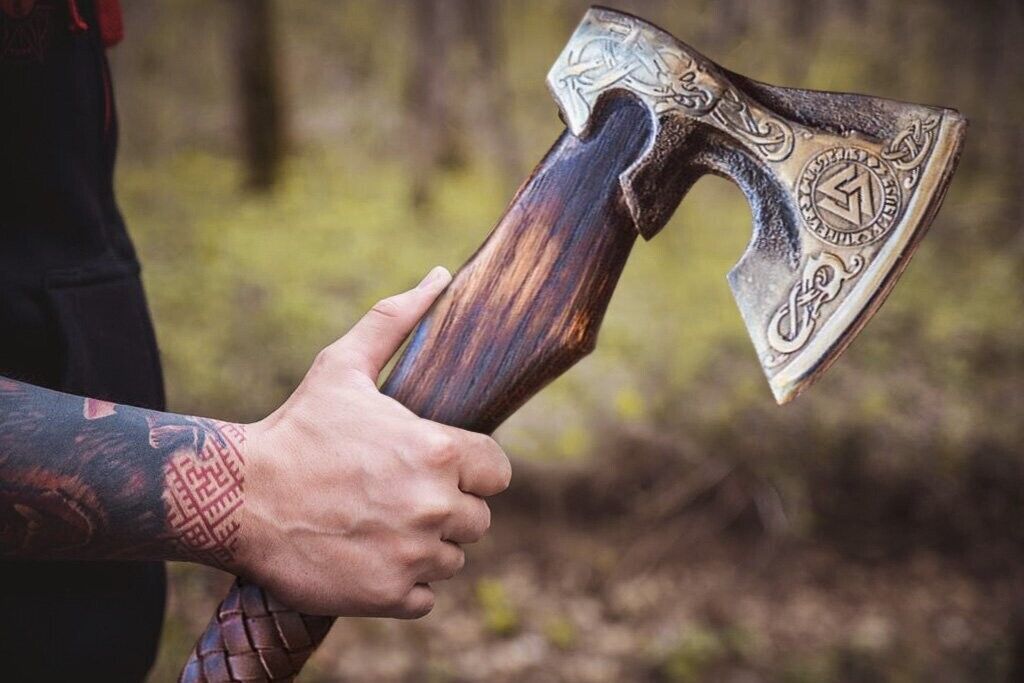 Hand Forged Viking Axe Carbon Steel Battle Ready Bearded Throwing Hatchet with Leather Sheath