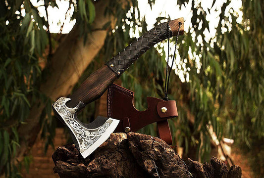 Hand Forged Viking Axe – Carbon Steel Tomahawk Hatchet with Ash Wood Handle and Leather Sheath