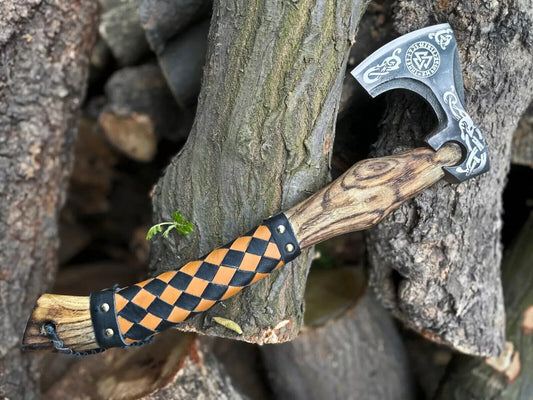Hand Forged Viking Axe with Etched Head and Leather Cover for Camping and Outdoor Use