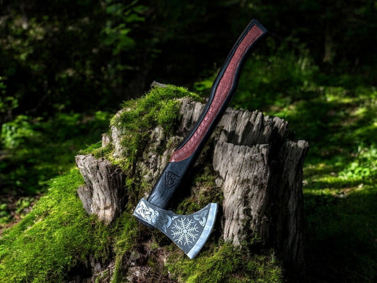 Hand Forged Viking Axe with Leather Sheath – Norse Engraved Hatchet with Carved Wooden Handle