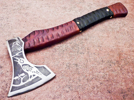 Hand Forged Viking Bearded Axe Carbon Steel Hatchet Tomahawk with Natural Wood Handle and Leather Sheath 18"