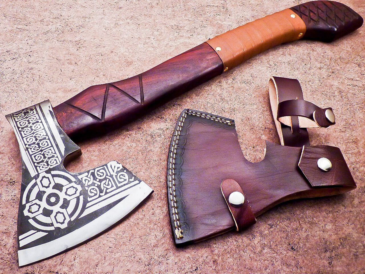 Hand Forged Viking Bearded Axe Carbon Steel Hatchet with Natural Wood Handle and Leather Sheath 19"