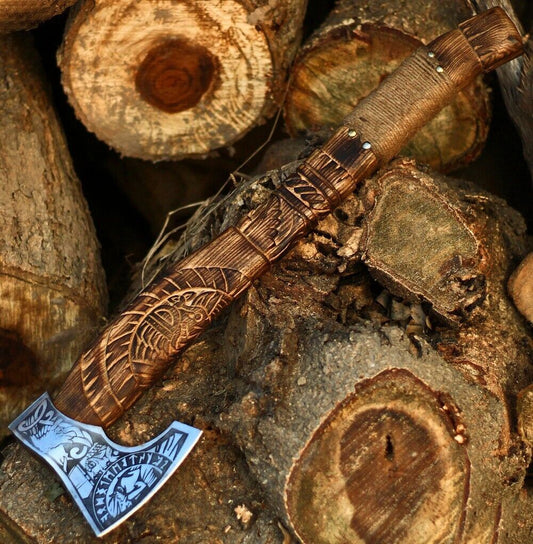 Hand Forged Viking Camping Steel Etching Axe Hatchet with Wooden Handle and Leather Sheath