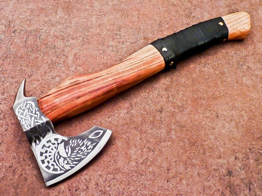 Hand Forged Viking Tomahawk Axe 18 Inch High Carbon Steel Bearded Hatchet with Wood Handle and Leather Sheath