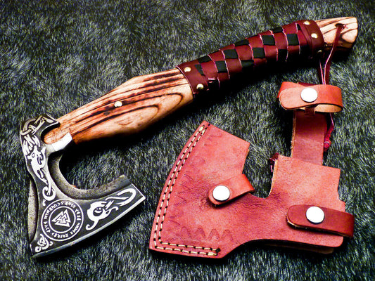 Hand Forged Viking Warrior Berserker Axe – Norse Bearded Hatchet with Leather Sheath