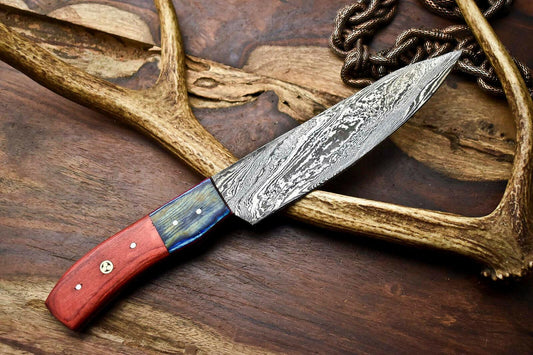 Hand Made Damascus Steel Blade Chef Kitchen Full Tang Knife | Hard Wood Handle, 12" Overall, 7" Blade