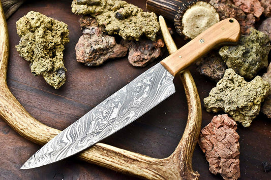 Hand Made Damascus Steel Chef Knife | Full Tang Kitchen Knife | Olive Wood Handle