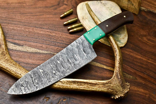 Hand Made Damascus Steel Chef Knife – Full Tang Kitchen Knife with Hard Wood Handle