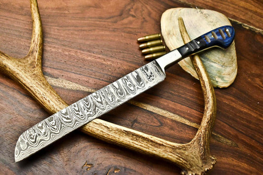 Hand Made Damascus Steel Chef Knife – Full Tang Kitchen Knife with Hard Wood Handle, 13"