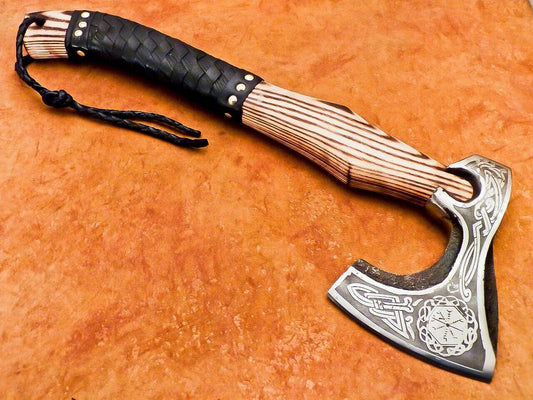 Hand Forged Steel Viking Bearded Camping Hatchet Tomahawk Axe with Natural Wood Handle and Leather Sheath