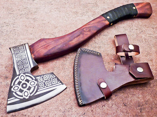 Hand Forged Viking Bearded Axe Carbon Steel Hatchet Tomahawk with Natural Wood Handle and Leather Sheath 18"