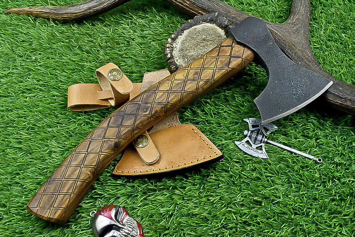 Handcrafted Carbon Steel Tomahawk Axe with Leather Sheath