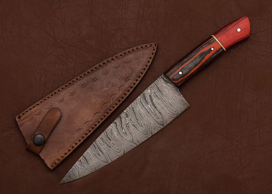 Handcrafted Damascus Steel Chef Fillet Knife with Full Tang Pakka Wood Handle & Leather Sheath