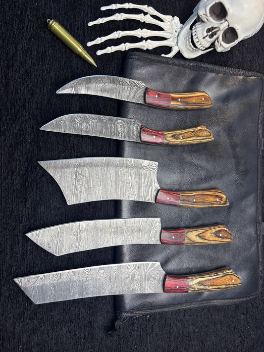 Handcrafted Twist Damascus Chef Knife Set – Lot of 5 Hardwood Handle with Wooden Bolster Outdoor Knives