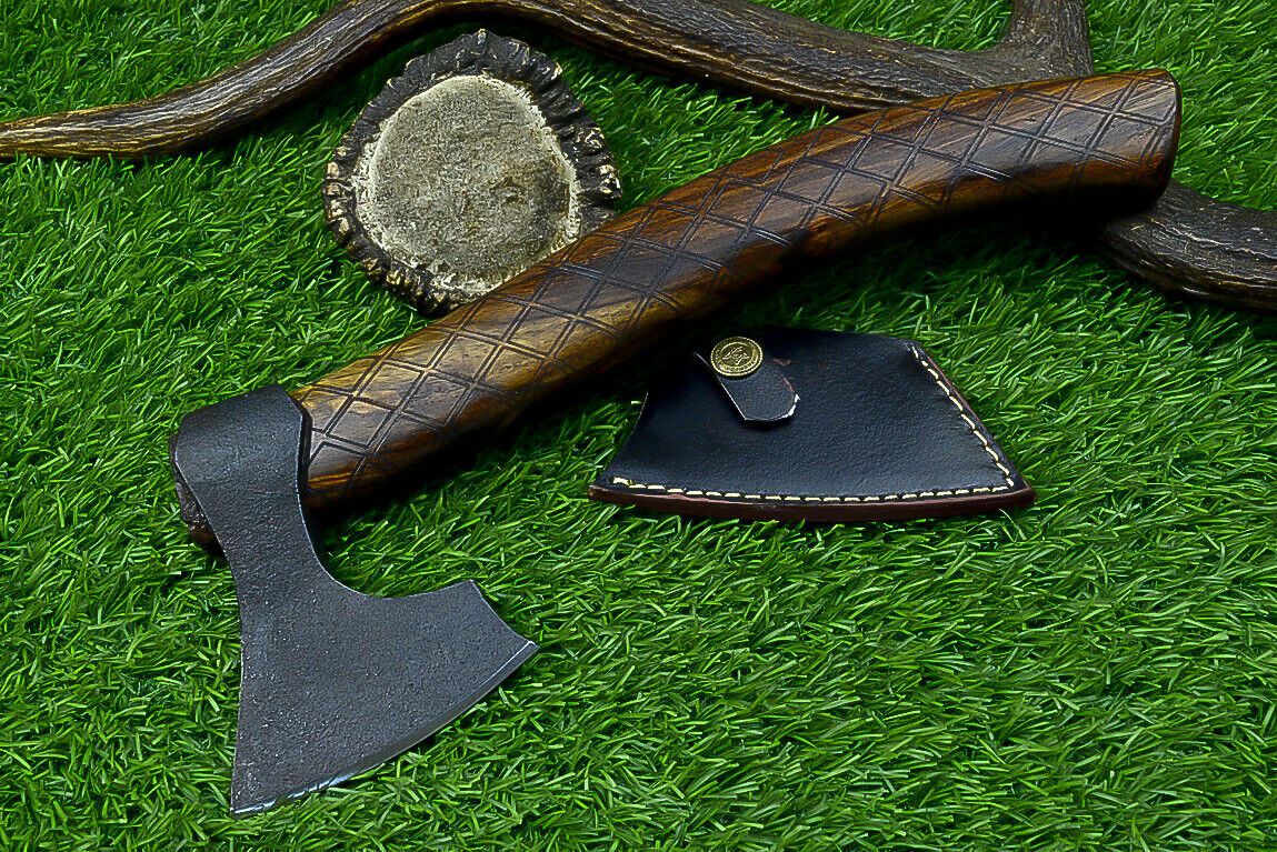 Handcrafted Viking Tomahawk Axe – Carbon Steel Blade with Rose Wood Handle and Leather Sheath, 12 Inch
