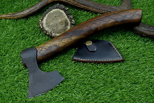 Handcrafted Viking Tomahawk Axe – Carbon Steel Blade with Rose Wood Handle and Leather Sheath, 12 Inch