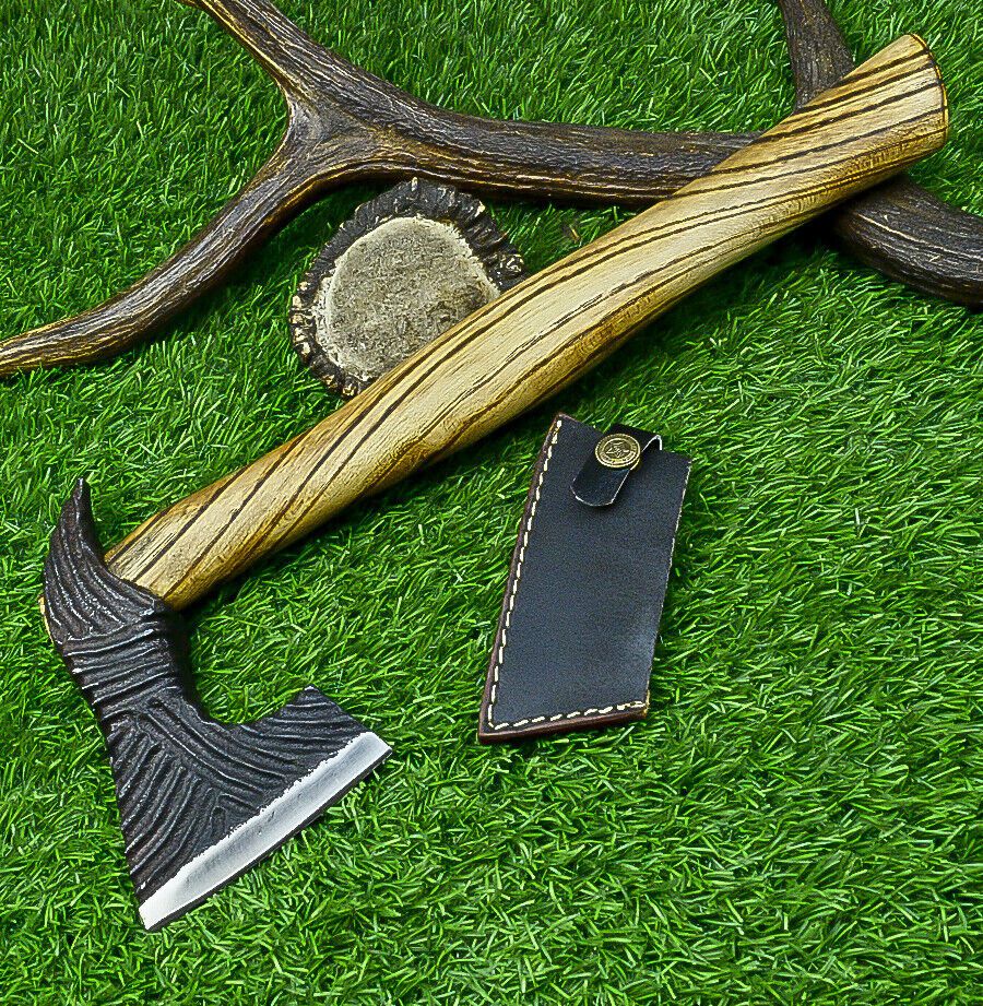 Handcrafted Viking Tomahawk Axe – Carbon Steel Blade with Rose Wood Handle and Leather Sheath, 14 Inch