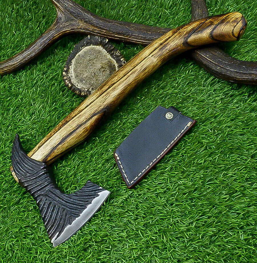 Handcrafted Viking Tomahawk Axe – Carbon Steel Blade with Rose Wood Handle and Leather Sheath, 17 Inch