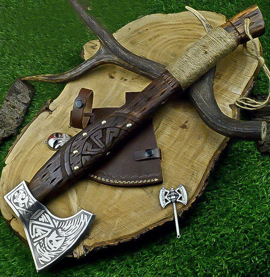 Handcrafted Viking Tomahawk Axe – J2 Steel Blade with Natural Wood Handle and Leather Sheath, 22 Inch