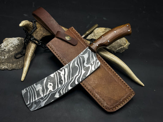 Handmade Damascus Chef Cleaver Knife – Wood Handle & Cow Sheath