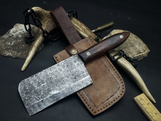 Handmade Damascus Chef Cleaver – Wood Handle & Leather Sheath