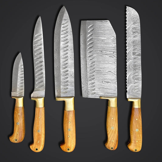 Handmade Damascus Chef Knife Set – 5-Piece Olive Wood Kitchen Knives with Leather Roll
