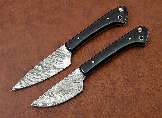 Handmade Damascus Chef Knife Set of 2 – Black Horn Handle, Mosaic Pins –