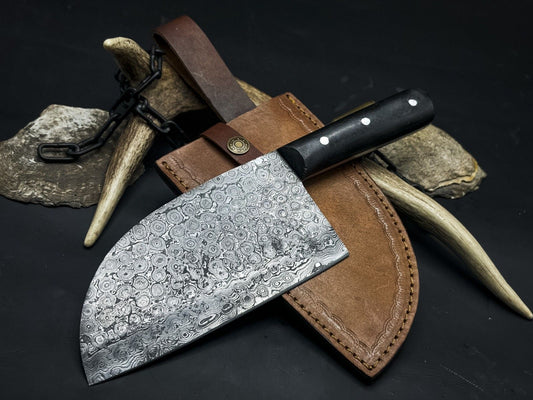 Handmade Damascus Steel Chef Cleaver EDC Knife with Wood Handle and Cow Leather Sheath