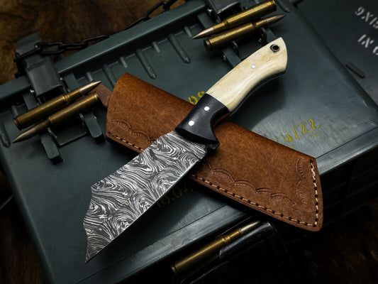 Handmade Damascus Steel Chef Cleaver Knife, Camel Bone Handle, Leather Sheath
