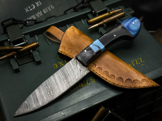 Handmade Damascus Steel Chef Kitchen Knife – Epoxy Resin Handle with Leather Sheath