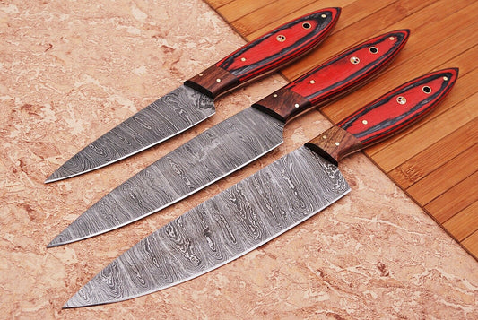 Custom Damascus Steel Full Tang Chef Knife Set with Leather Roll