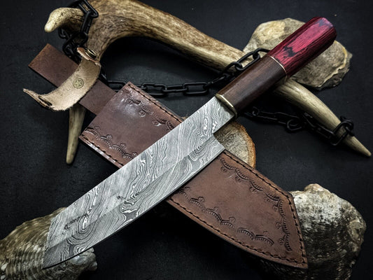 Handmade Damascus Steel Chef Knife, Full Tang Wood Handle, Leather Sheath